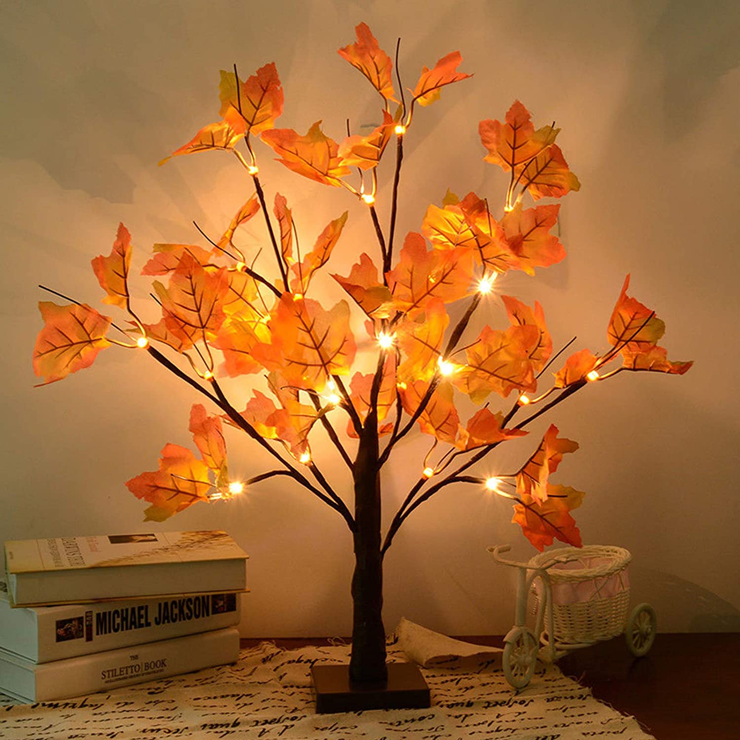 S-Union Artificial Fall Lighted Maple Tree 24 LED Thanksgiving Christmas Decorations Table Lights Battery Operated for Christmas Wedding Party Gifts Indoor Outdoor Harvest Home Decor