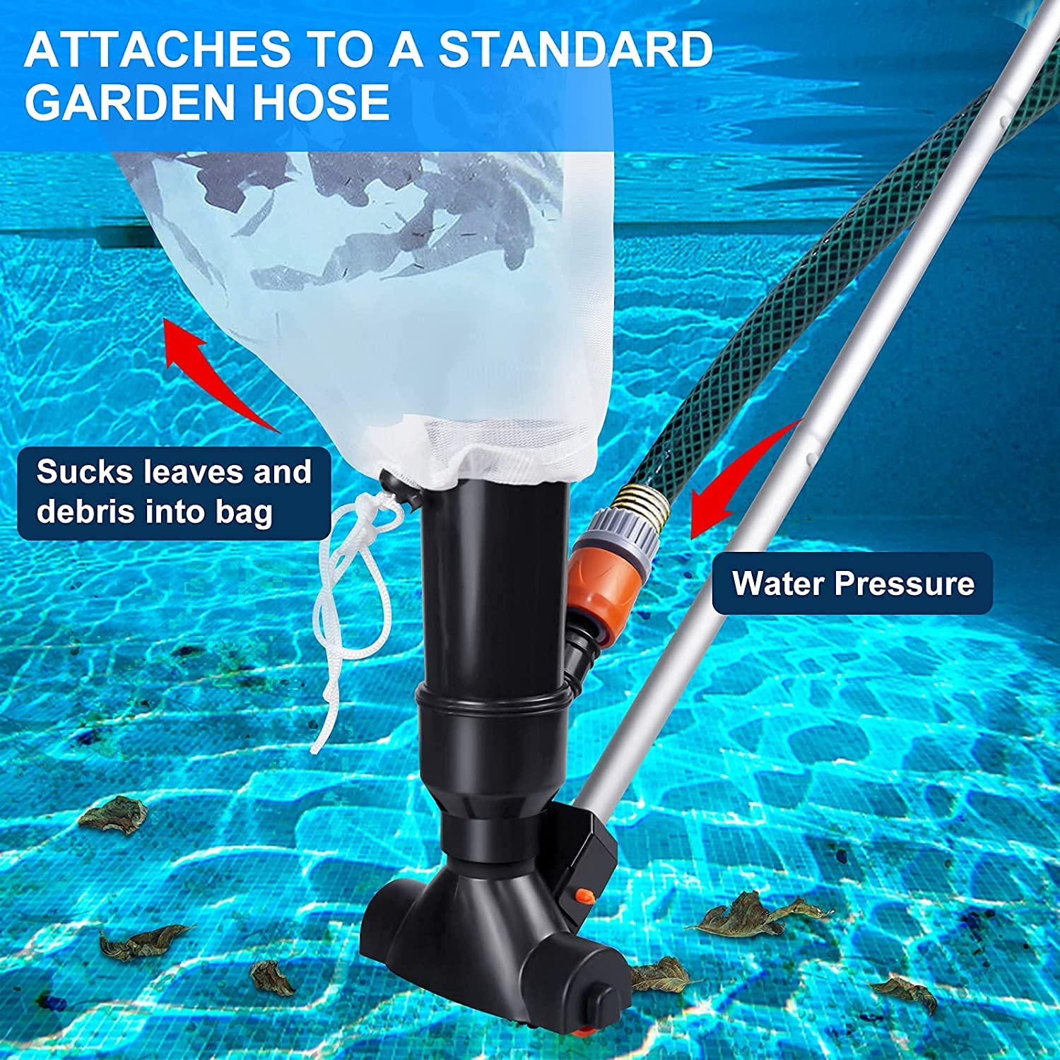 S-Union Portable Swimming Pool Jet Vacuum Cleaner Underwater with 5 Section Pole and Mesh Bag, Pool Mini Jet Vacuum Suction Head for Above Ground Pool Spas Hot Tub Ponds & Fountains - Attaches to Garden Hose