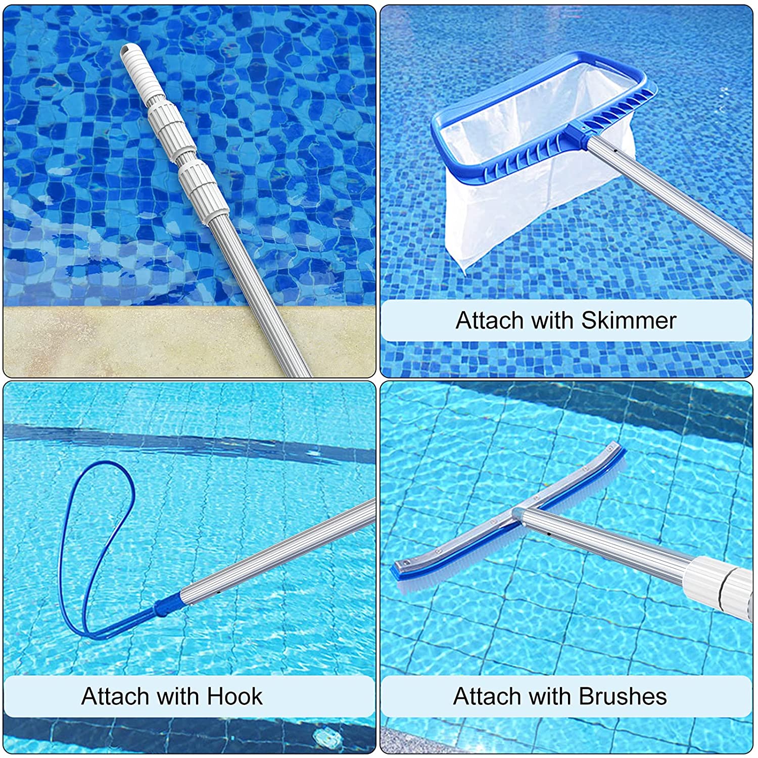 S-Union 12 Feet Thicken 1.3mm Aluminum Telescoping Swimming Pool Pole, Adjustable 3 Section Expandable Step-Up, Attach Connect Skimmer Nets, Rakes, Brushes, Vacuum Heads with Hoses, Universal 1.25"