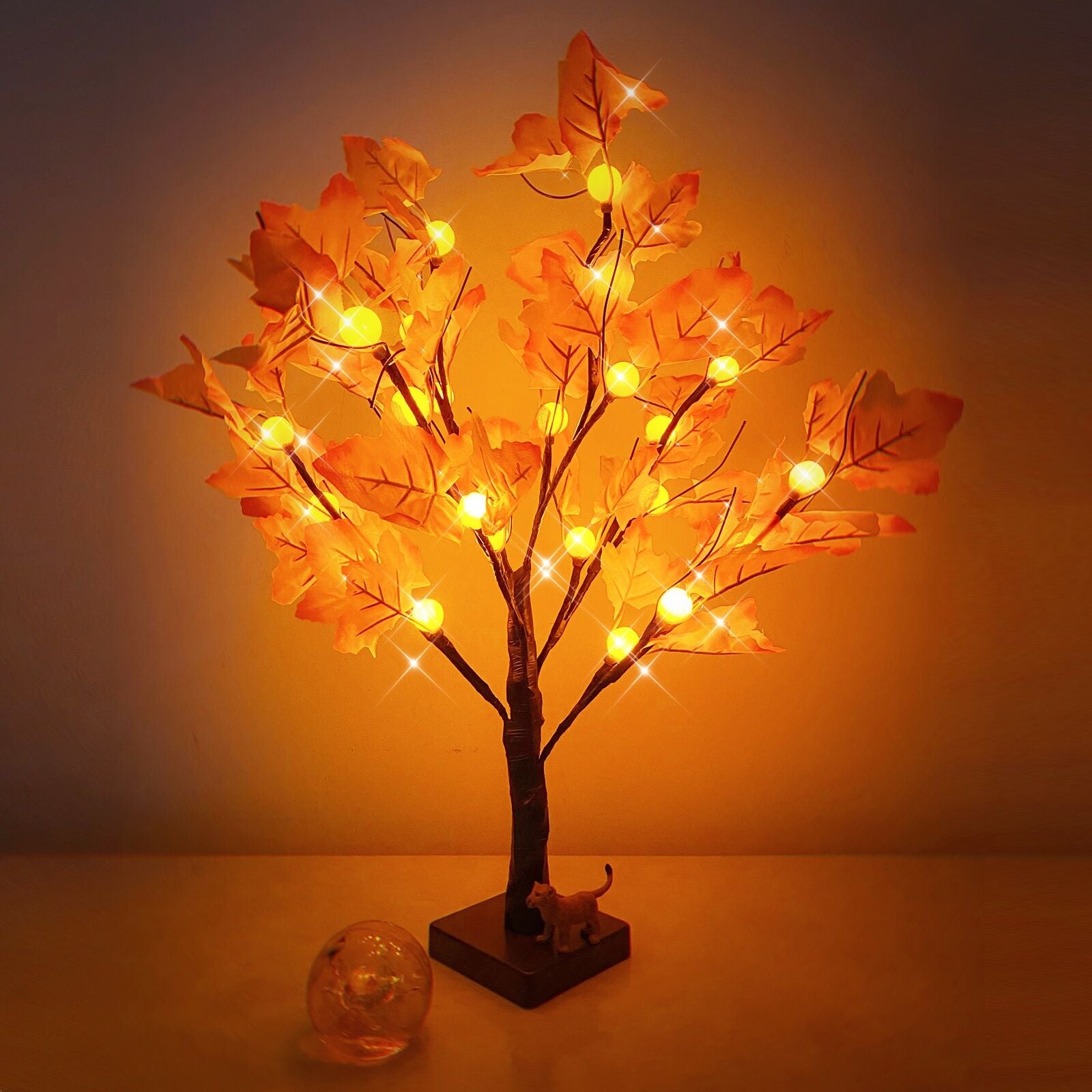 Artificial Fall Lighted Maple Tree 24 LED Pumpkin Lights Halloween Thanksgiving Decorations Table Lights Battery Operated for Autumn Decoration Wedding Party Gifts Indoor Outdoor Harvest Home Decor